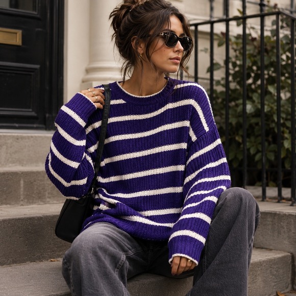 Unbranded Sweaters - Chaus Sport L Purple White Striped‎ Oversized Chunky Knit Crewneck Sweater